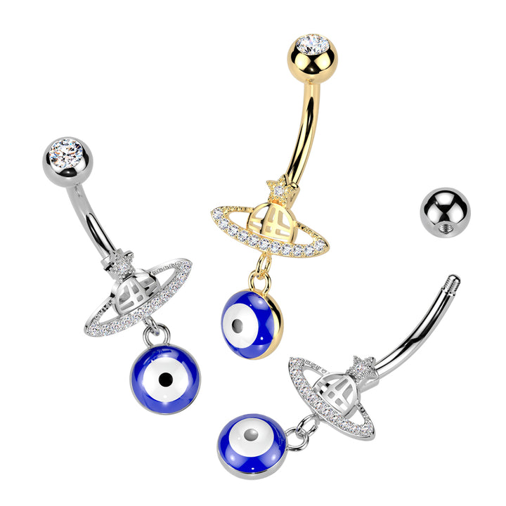 316L Surgical Steel Gold PVD Saturn Star Celestial Evil Eye Dangle Belly Ring - Pierced Universe