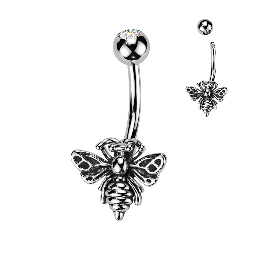 316L Surgical Steel White CZ Bee Belly Ring Pierced Universe 316l-surgical-steel-white-cz-bee-belly-ring-pierced-universe
