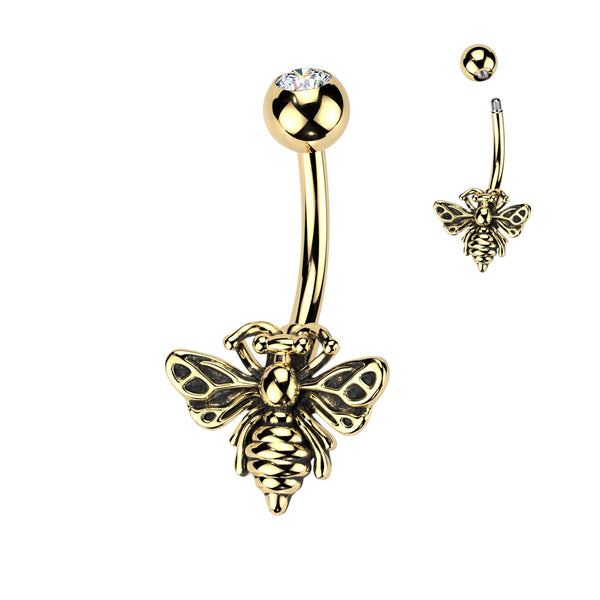 316L Surgical Steel Gold PVD White CZ Bee Belly Ring - Pierced Universe