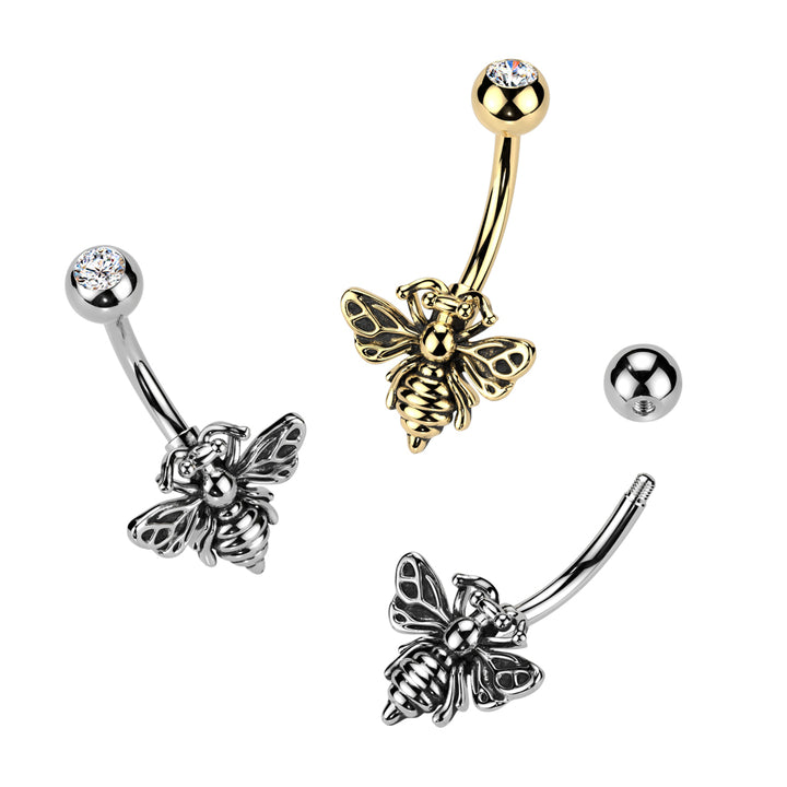 316L Surgical Steel Gold PVD White CZ Bee Belly Ring - Pierced Universe