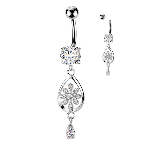 316L Surgical Steel White CZ Flower Teardrop Gem Dangle Belly Ring