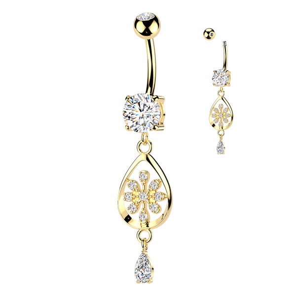 316L Surgical Steel Gold PVD White CZ Flower Teardrop Gem Dangle Belly Ring