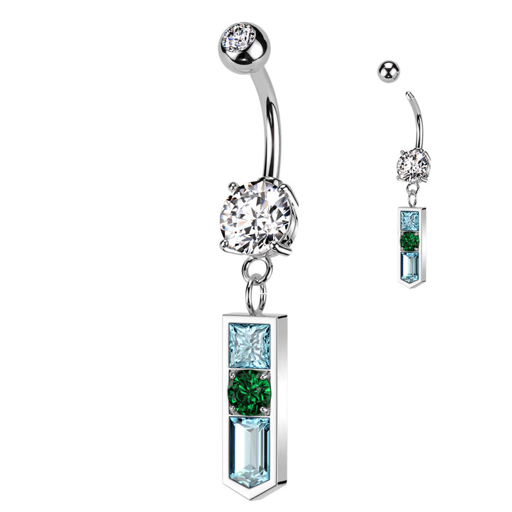 316L Surgical Steel White CZ Gem Ball with Pointed Aqua and Green Dangle Belly Ring - Pierced Universe