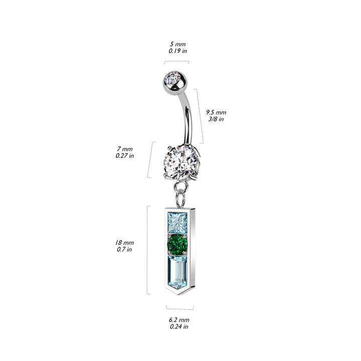 316L Surgical Steel Gold PVD White CZ Gem Ball with Pointed Aqua and Green Dangle Belly Ring - Pierced Universe