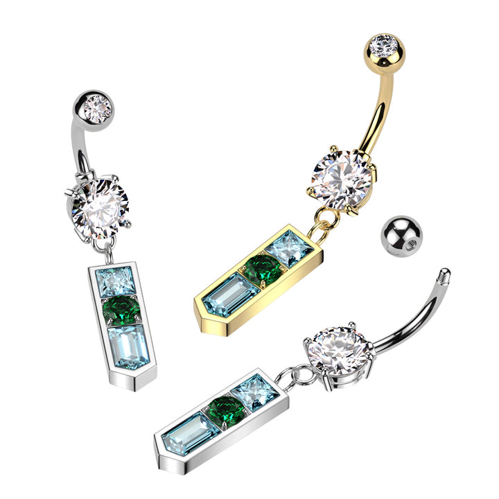 316L Surgical Steel Gold PVD White CZ Gem Ball with Pointed Aqua and Green Dangle Belly Ring - Pierced Universe