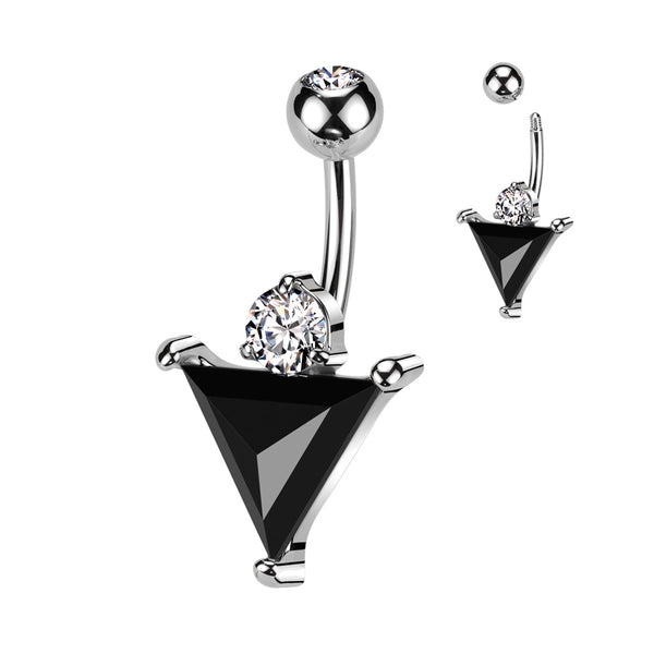 316L Surgical Steel Black CZ Triangle With White CZ Gem Belly Ring - Pierced Universe