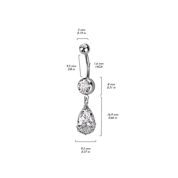 316L Surgical Steel Gold PVD White CZ Teardrop With Flowers Dangly Belly Ring - Pierced Universe