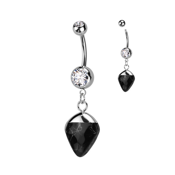 316L Surgical Steel Semi Precious Stone Black Agate Dangle Belly Ring - Pierced Universe