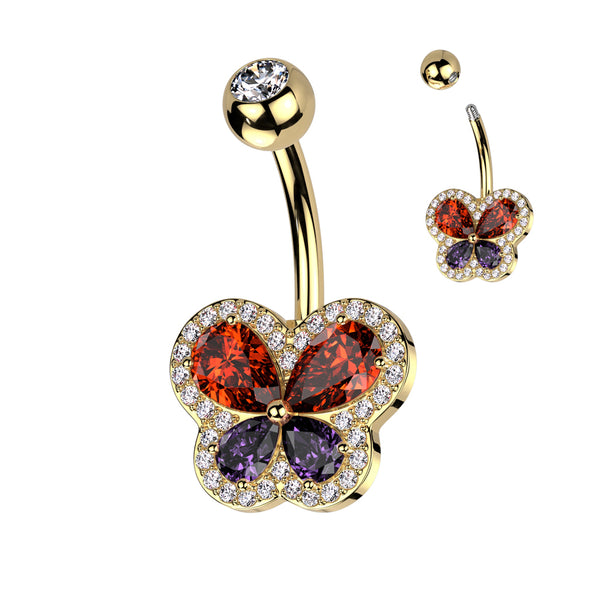 316L Surgical Steel Gold PVD Red Purple Butterfly White CZ Pave Gem Belly Ring - Pierced Universe