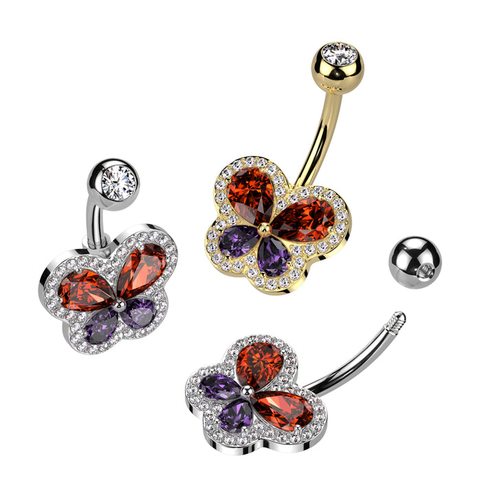 316L Surgical Steel Red Purple Butterfly White CZ Pave Gem Belly Ring - Pierced Universe