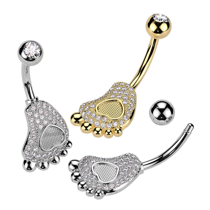 316L Surgical Steel Gold PVD White CZ Heart Baby Foot Belly Ring - Pierced Universe
