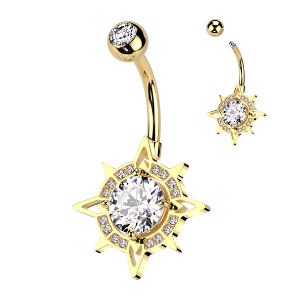 316L Surgical Steel Gold PVD White CZ Pave Starburst Belly Ring - Pierced Universe