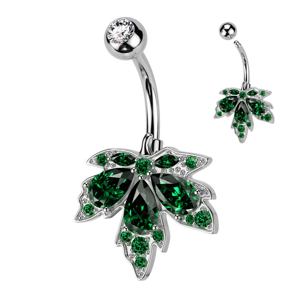 316L Surgical Steel Green CZ Multi-Gem Large Leaf Design Belly Ring - Pierced Universe