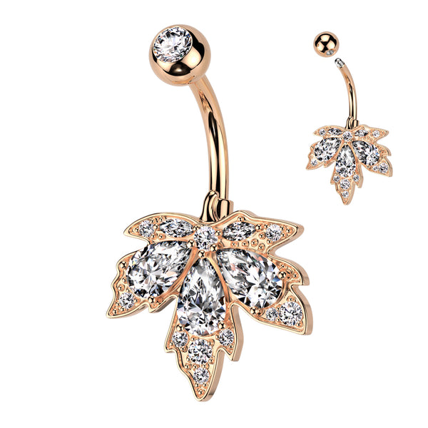 316L Surgical Steel Rose Gold PVD White CZ Multi-Gem Large Leaf Design Belly Ring - Pierced Universe