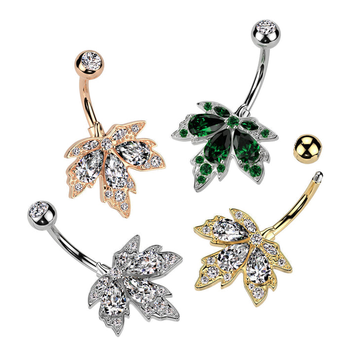 316L Surgical Steel Green CZ Multi-Gem Large Leaf Design Belly Ring - Pierced Universe