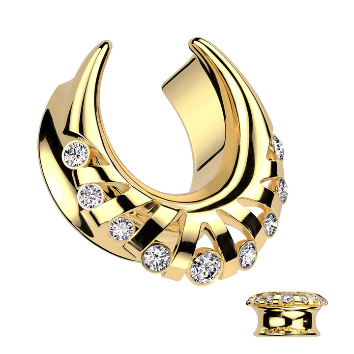 316L Surgical Steel Gold PVD White CZ Flare Half Saddle Double Flared Ear Tunnels