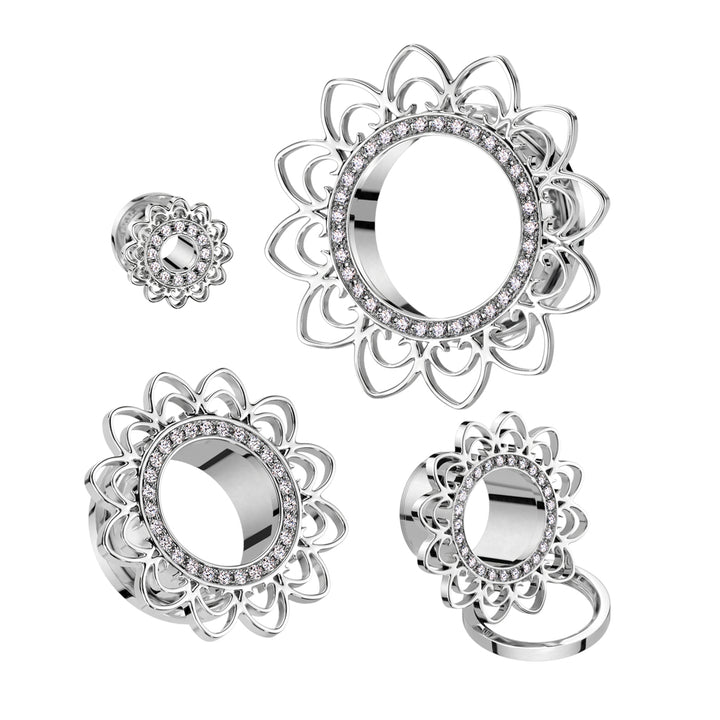 316L Surgical Steel Flower White CZ Gem Screw On Ear Tunnels - Pierced Universe