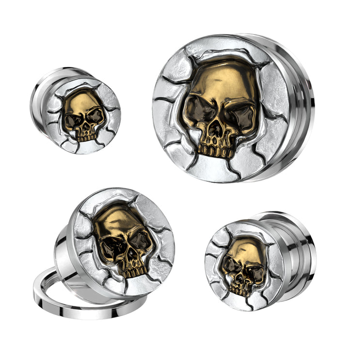 316L Surgical Steel Brass Skull Cracked Screw On Plugs - Pierced Universe