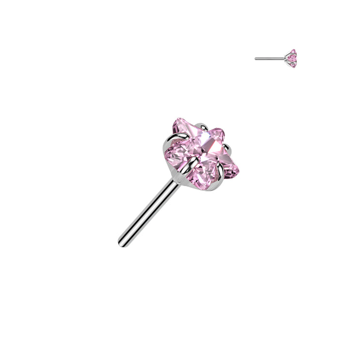 Implant Grade Titanium Threadless Pink CZ Star Shaped Gem Push In Labret With Flat Back - Pierced Universe