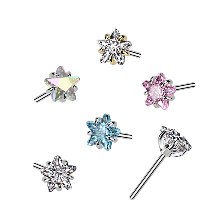 Implant Grade Titanium Threadless Push In Aqua CZ Star Nose Ring With Flat Back - Pierced Universe