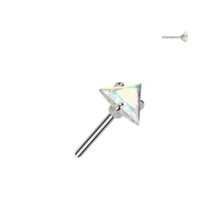 Implant Grade Titanium Threadless Aurora Borealis CZ Triangle Shaped Gem Push In Labret With Flat Back - Pierced Universe