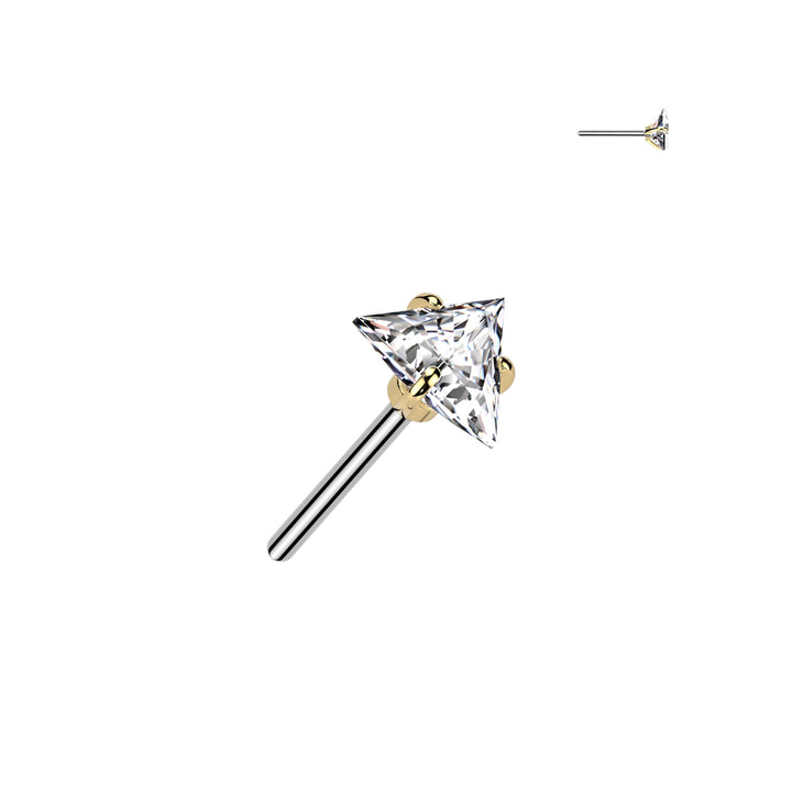 Implant Grade Titanium Gold PVD White CZ Triangle Shaped Gem Threadless Push In Labret With Flat Back - Pierced Universe