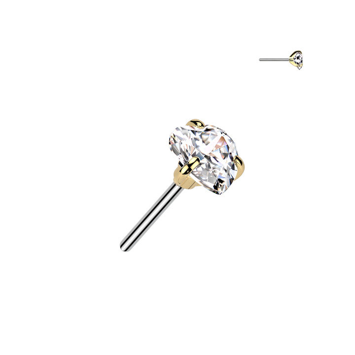 Implant Grade Titanium Gold PVD White CZ Heart Shaped Gem Threadless Push In Labret With Flat Back - Pierced Universe
