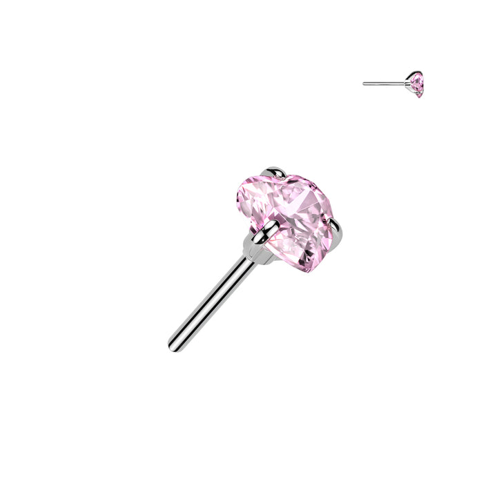Implant Grade Titanium Threadless Pink CZ Heart Shaped Gem Push In Labret With Flat Back - Pierced Universe