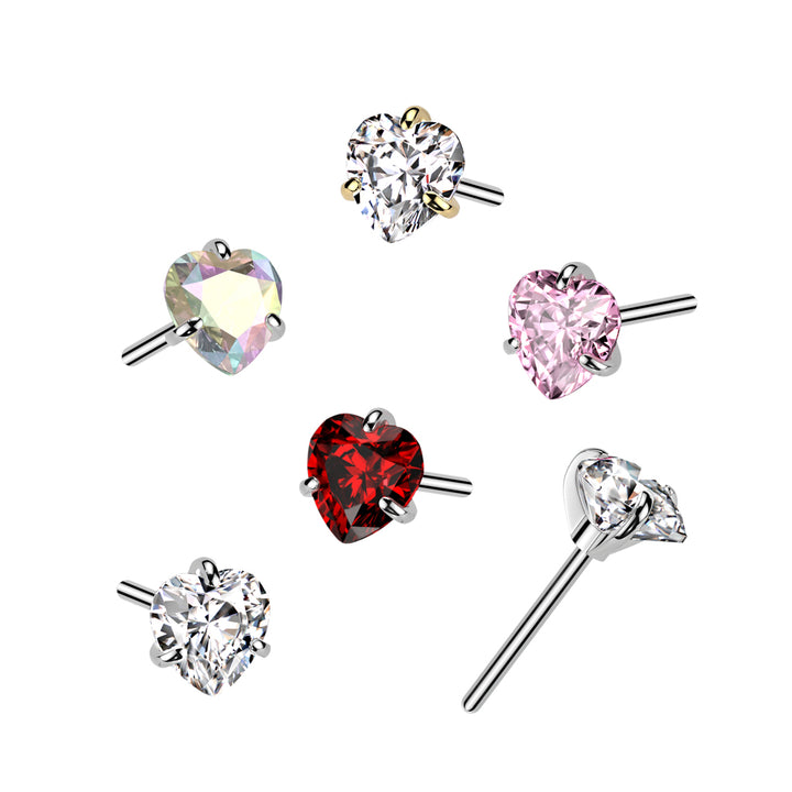 Implant Grade Titanium Gold PVD White CZ Heart Shaped Gem Threadless Push In Labret With Flat Back - Pierced Universe