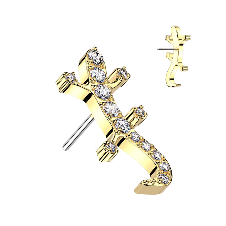 Implant Grade Titanium Gold PVD White CZ Gem Lizard Gecko Threadless Push In Labret - Pierced Universe