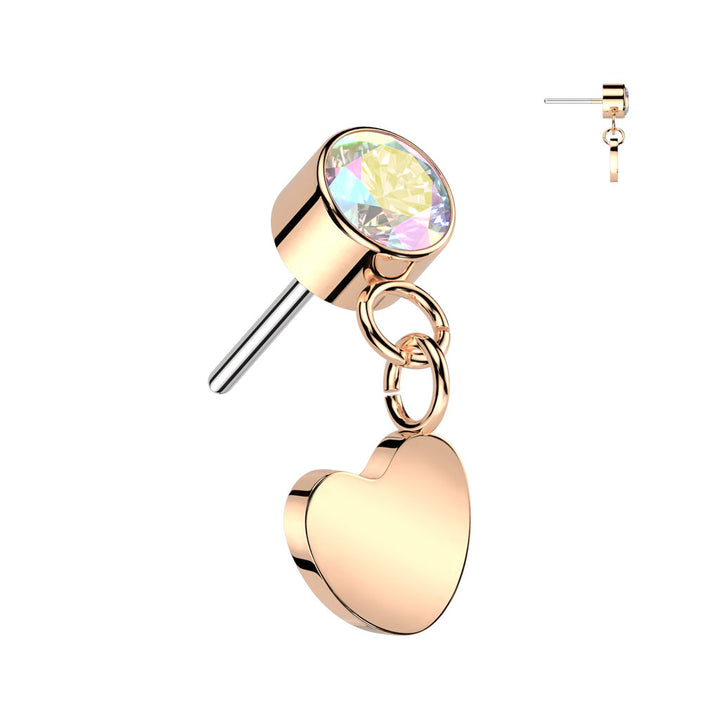 Implant Grade Titanium Threadless Rose Gold PVD Push In Nose Ring AB CZ Heart Dangle With Flat Back Implant Grade Titanium Threadless Rose Gold PVD Push In Nose Ring AB CZ Heart Dangle With Flat Back