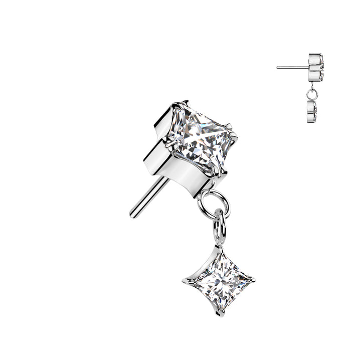 Implant Grade Titanium White CZ Square Gem Dangly Threadless Push In Labret - Pierced Universe
