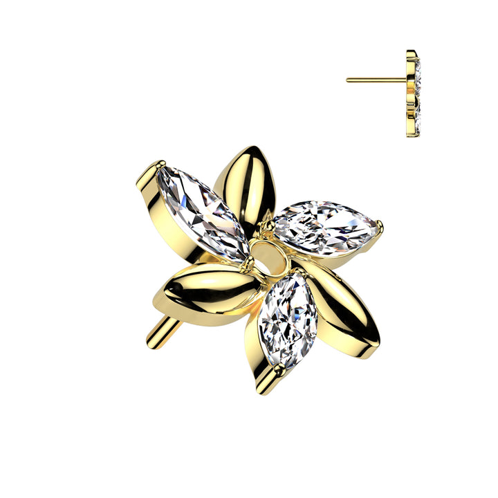Implant Grade Titanium Gold PVD White CZ Marquise Flower Design Threadless Push In Labret - Pierced Universe