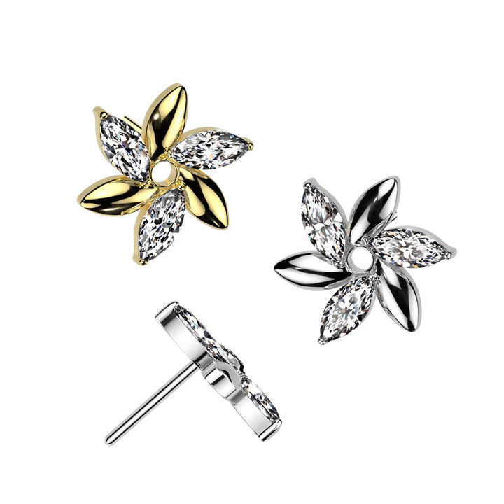 Implant Grade Titanium Gold PVD White CZ Marquise Flower Design Threadless Push In Labret - Pierced Universe