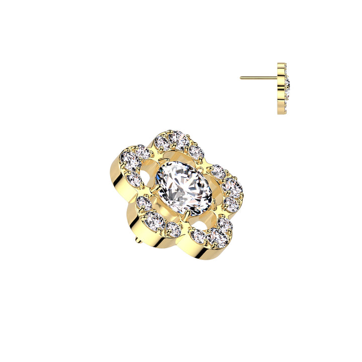 Implant Grade Titanium Threadless Gold PVD Large White CZ Petal Flower In Labret With Flat Back - Pierced Universe