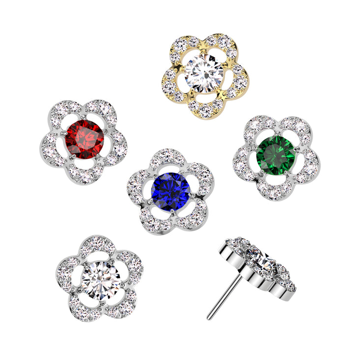 Implant Grade Titanium Threadless Large White & Red CZ Petal Flower In Labret With Flat Back - Pierced Universe