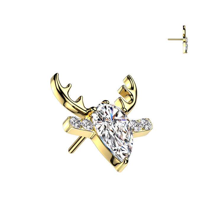 Implant Grade Titanium Threadless Gold PVD White CZ Deer Push In Labret With Flat Back - Pierced Universe