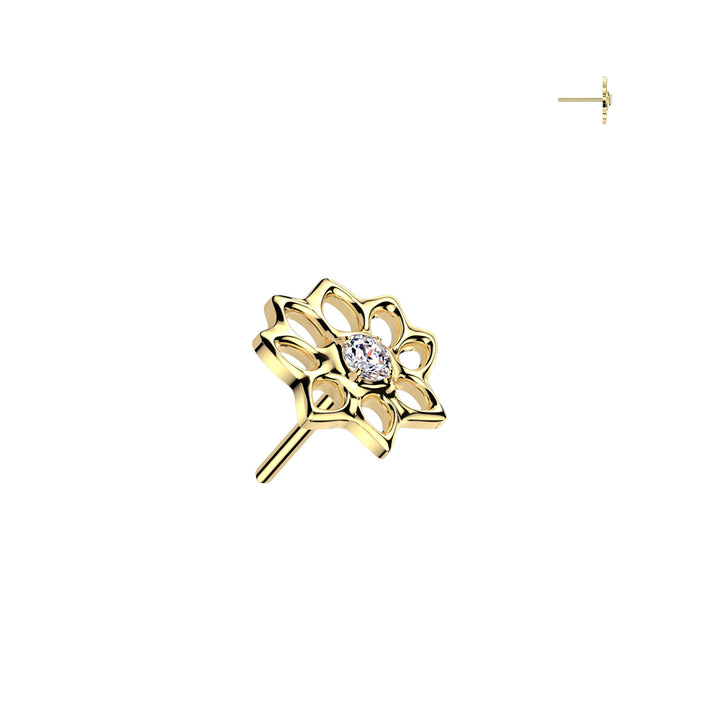 Implant Grade Titanium Gold PVD White CZ Lotus Flower Push In Threadless Labret With Flat Back - Pierced Universe