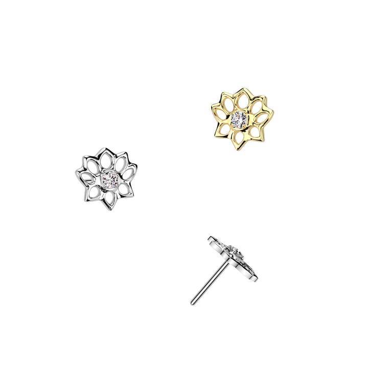 Pair of Implant Grade Titanium Threadless Gold PVD White CZ Lotus Push In Earrings With Flat Back - Pierced Universe