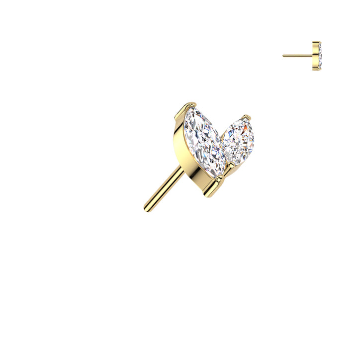 Implant Grade Titanium Gold PVD White CZ Leaf Marquise Gem Push In Threadless Labret With Flat Back - Pierced Universe