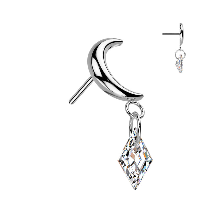 Implant Grade Titanium Crescent Moon White CZ Dangle Push In Threadless Labret With Flat Back - Pierced Universe