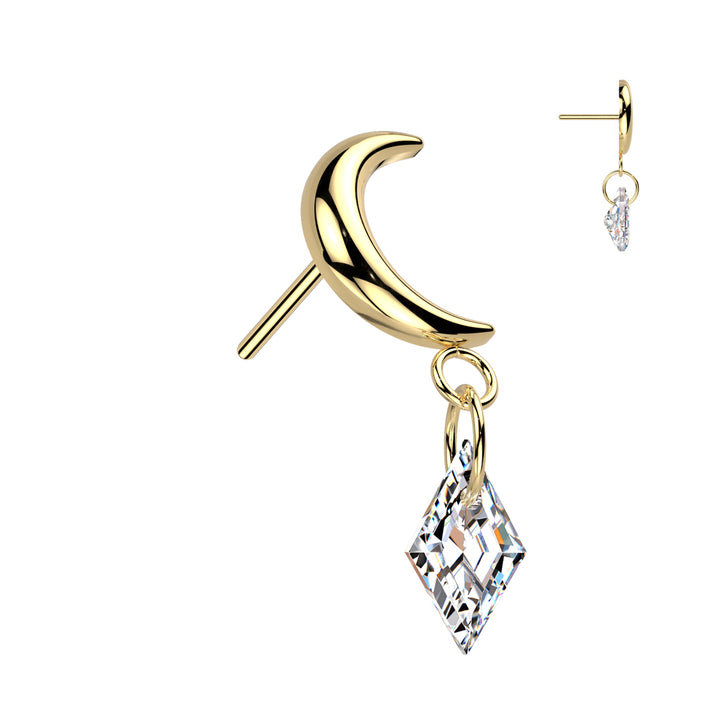Implant Grade Titanium Gold PVD Crescent Moon White CZ Dangle Push In Threadless Labret With Flat Back - Pierced Universe