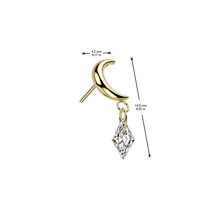 Implant Grade Titanium Gold PVD Crescent Moon White CZ Dangle Push In Threadless Labret With Flat Back - Pierced Universe