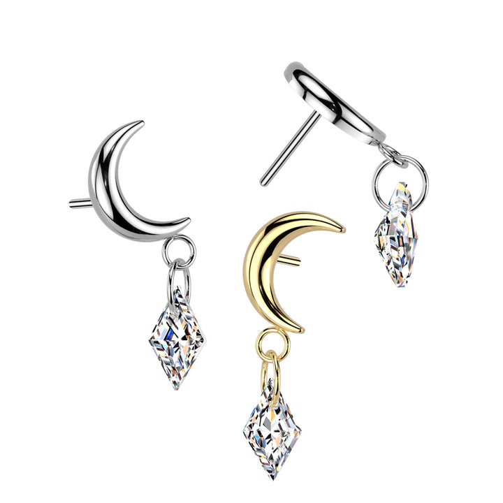 Implant Grade Titanium Gold PVD Crescent Moon White CZ Dangle Push In Threadless Labret With Flat Back - Pierced Universe