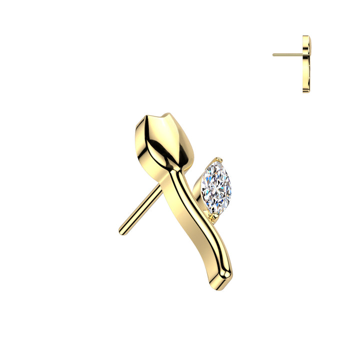 Implant Grade Titanium Gold PVD White CZ Tulip Flower Push In Threadless Labret With Flat Back - Pierced Universe