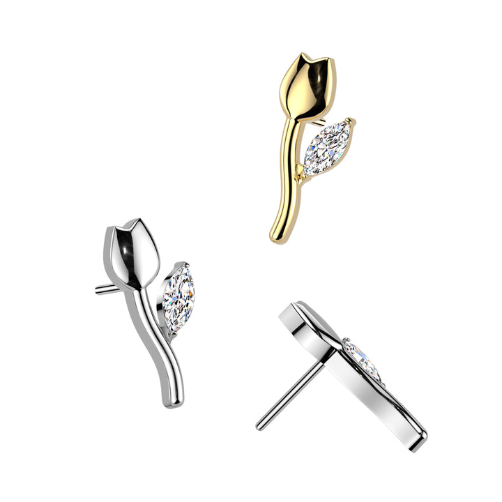 Pair of Implant Grade Titanium Threadless Gold PVD White CZ Tulip Push In Earrings With Flat Back - Pierced Universe