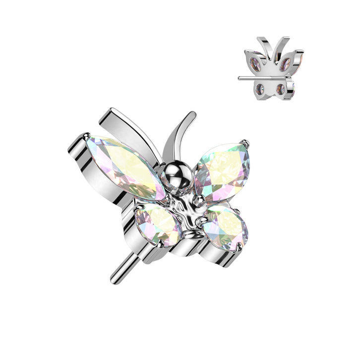 Implant Grade Titanium Large Aurora Borealis CZ Gem Butterfly Threadless Push In Labret