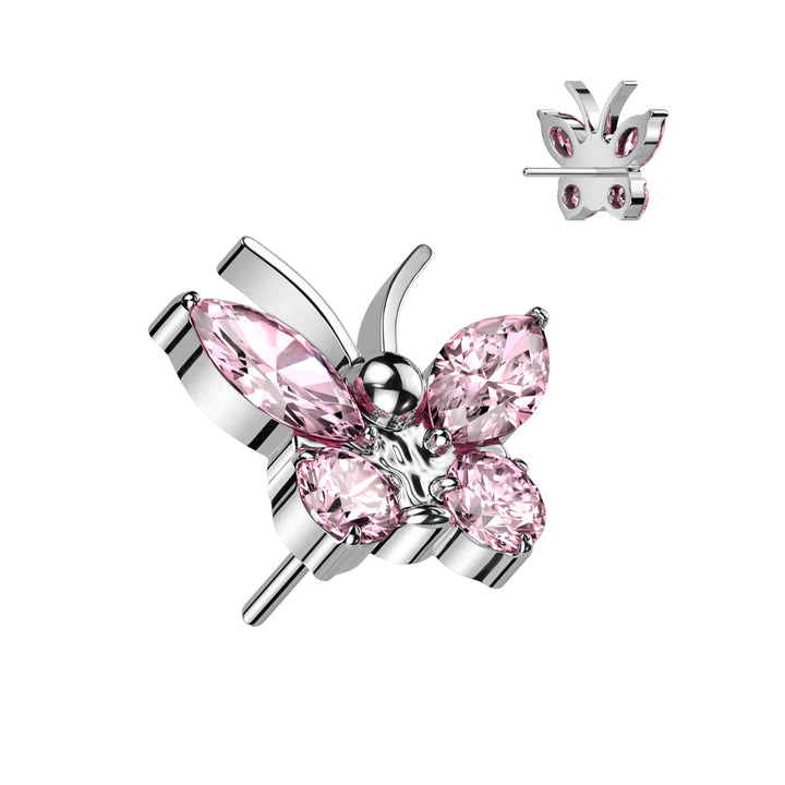 Implant Grade Titanium Large Pink CZ Gem Butterfly Threadless Push In Labret - Pierced Universe