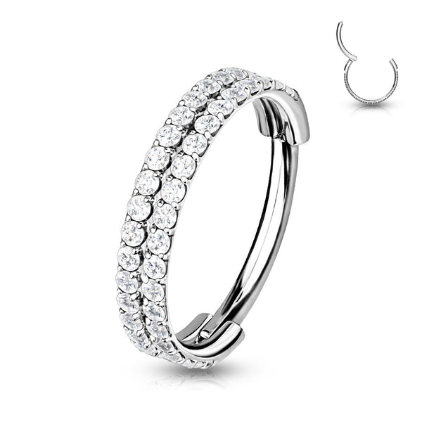 316L Surgical Steel Double Row White CZ Pave Hinged Clicker Hoop - Pierced Universe