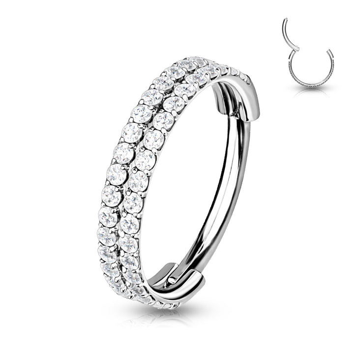316L Surgical Steel Double Row White CZ Pave Hinged Clicker Hoop - Pierced Universe